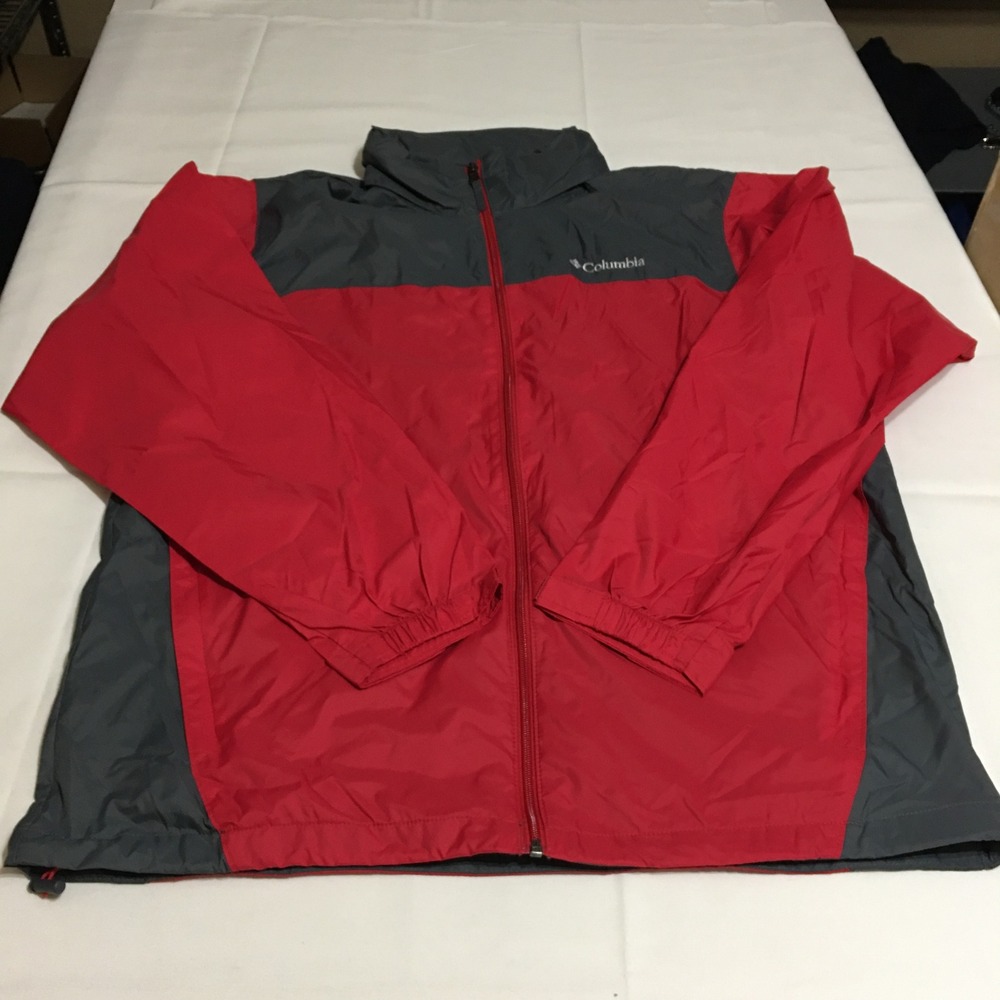 Columbia Rain Jacket Mens Large Red Grey Full Zip Hooded Outdoor